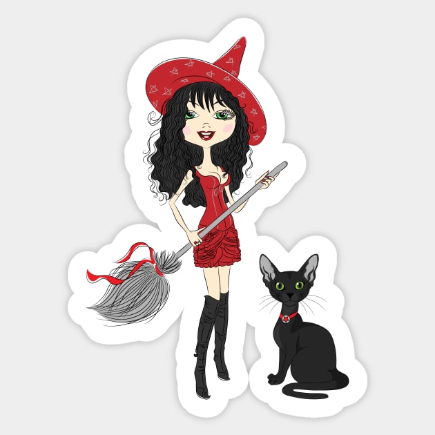 Girl witch with black cat Sticker by kavalenkava